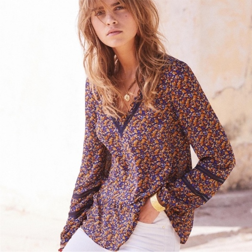 Sezane V Neck Long Ballooned Sleeves Floral Angelina Blouse size 40